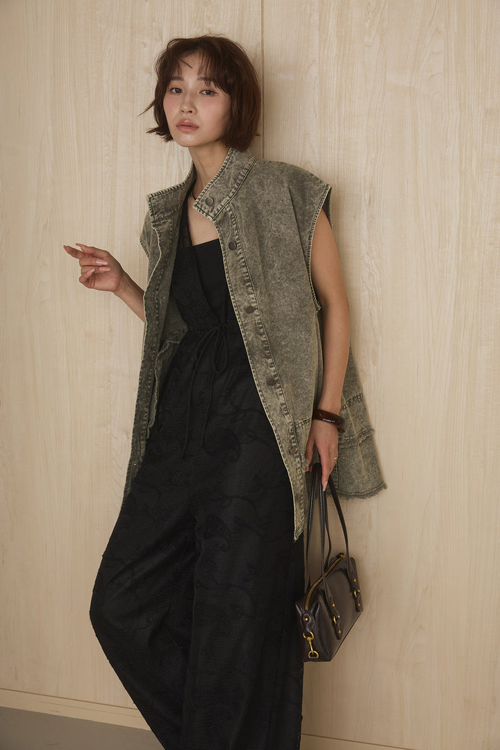 [SET]ケミカルデニムヘムカットオフジレ+レースサロペット(2set)