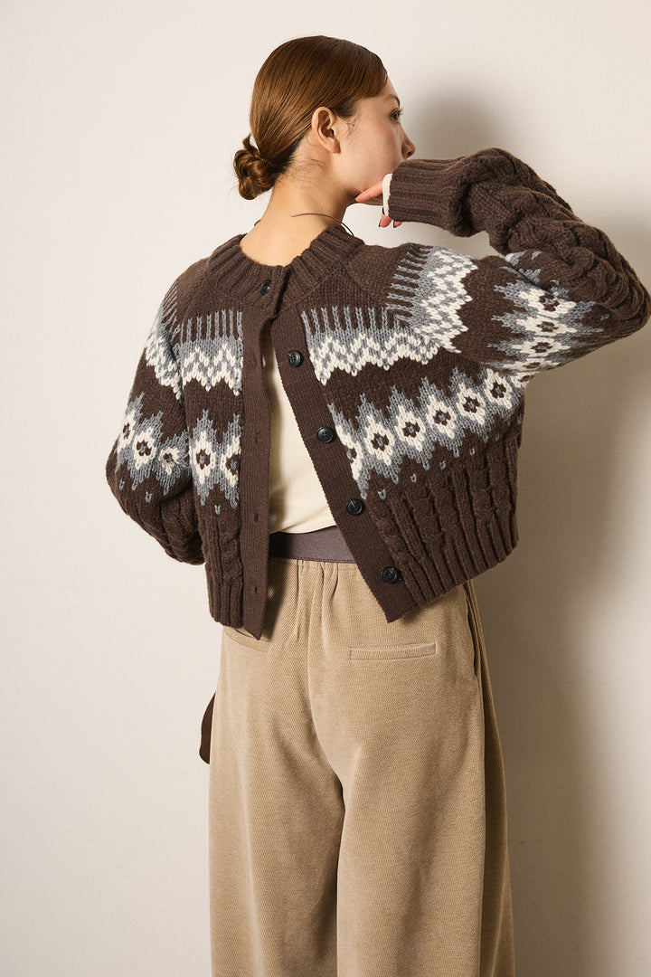 [SET]2WAY求心柄ジャガードショートカーディガン+ベルトループコーデュロイワイドパンツ(2set)