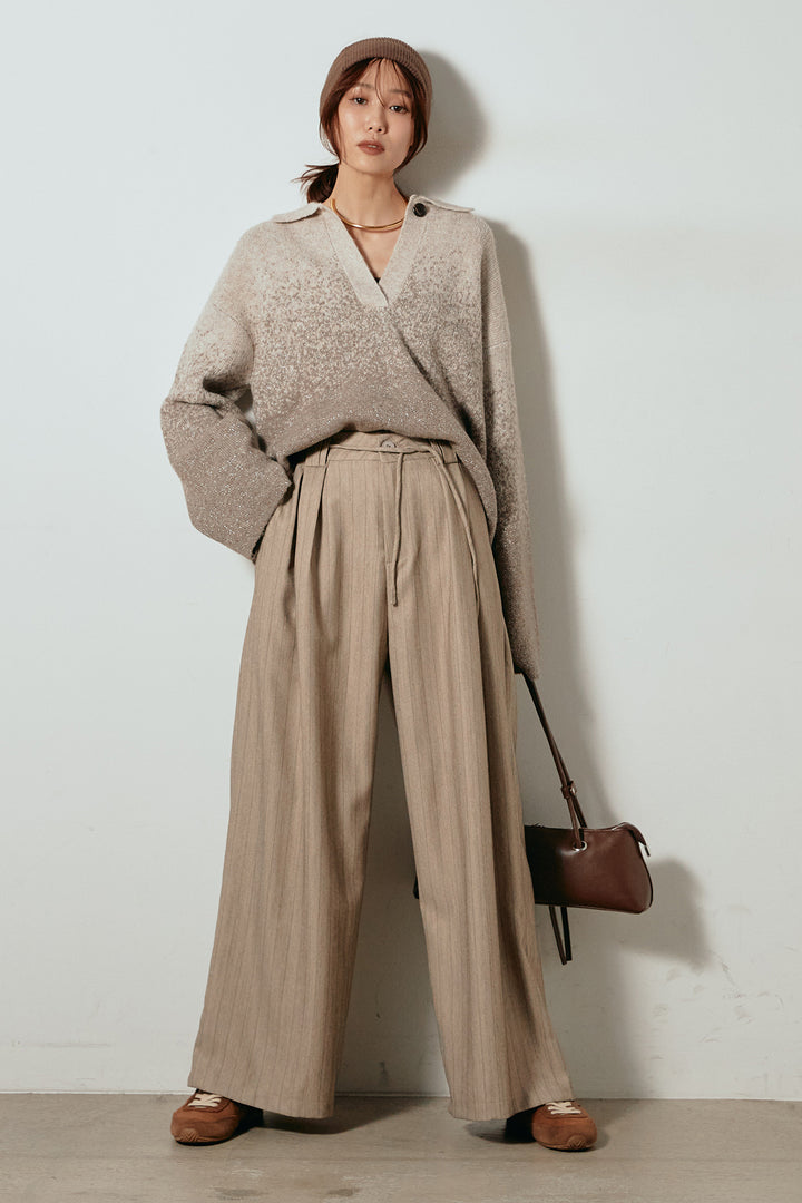 [SET]グラデーションラメニットキーネックプルオーバー+ストライプヘリンボーンパンツ(2set)