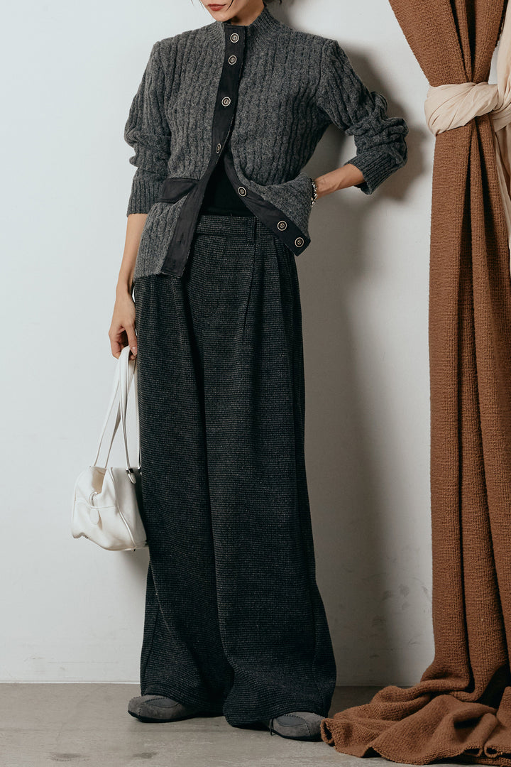 [SET]ボトルネックケーブルニットカーディガン+起毛タック入りツイードワイドパンツ(2set)