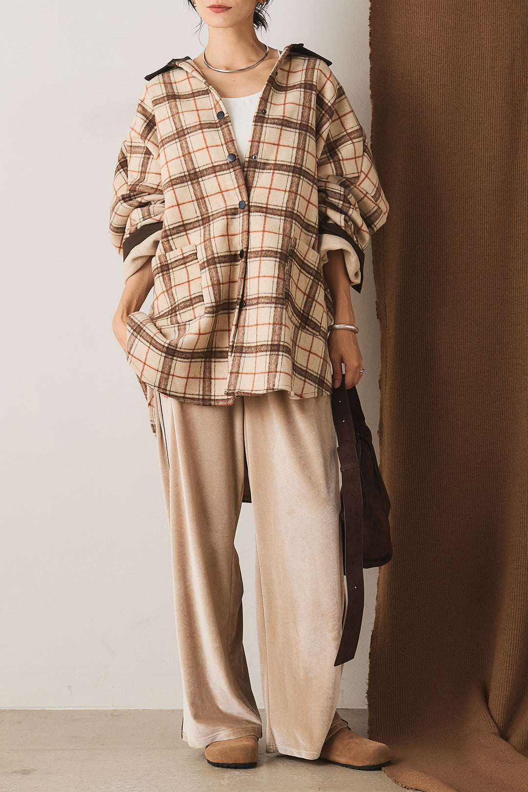 【即納】マルチチェックミディアム丈コート/ベージュ