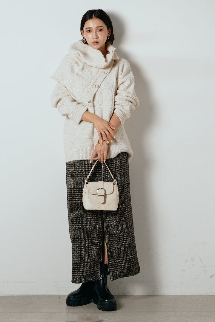 [SET]ケープデザインケーブルニットトップス+グレンチェック柄フロントジップタイトスカート(2set)