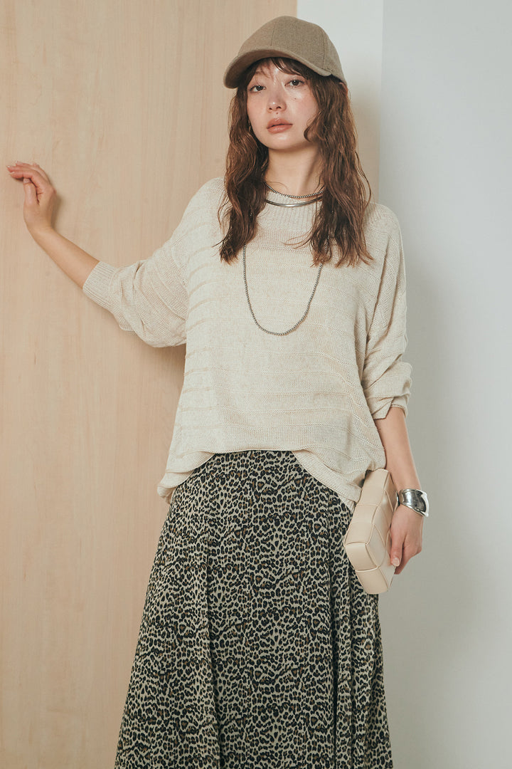 [SET]麻混リラックスニットトップス+リラックスレオパードロングスカート(2set)