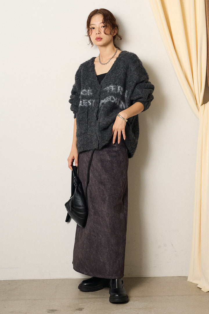 [SET]ウール混透かしロゴニットカーディガン+ロープベルト付きスウェード調スカート(2set)