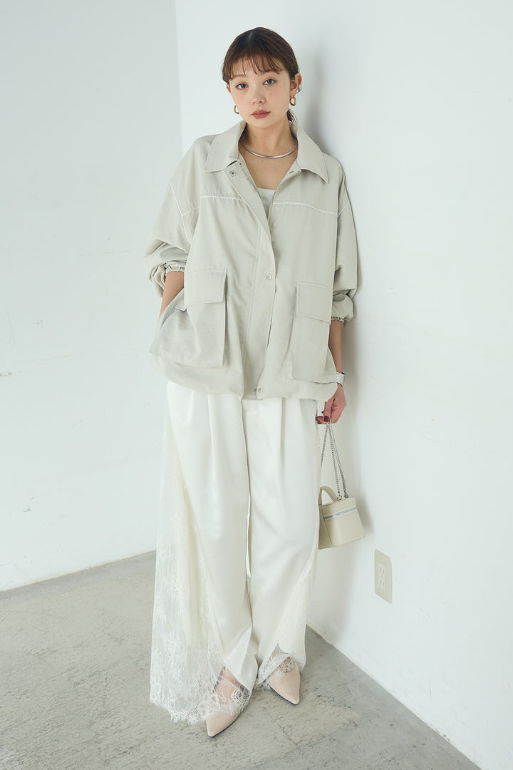 [SET]合繊ツイルバルーンジャケット+サテンレース切り替えタックパンツ(2set)