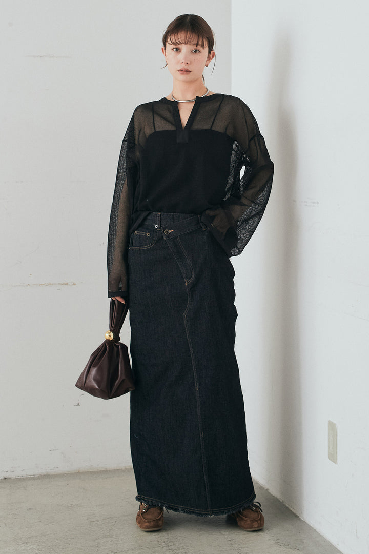 [SET]メッシュカットソースキッパープルオーバー+ウエストクロスデニムタイトスカート(2set)