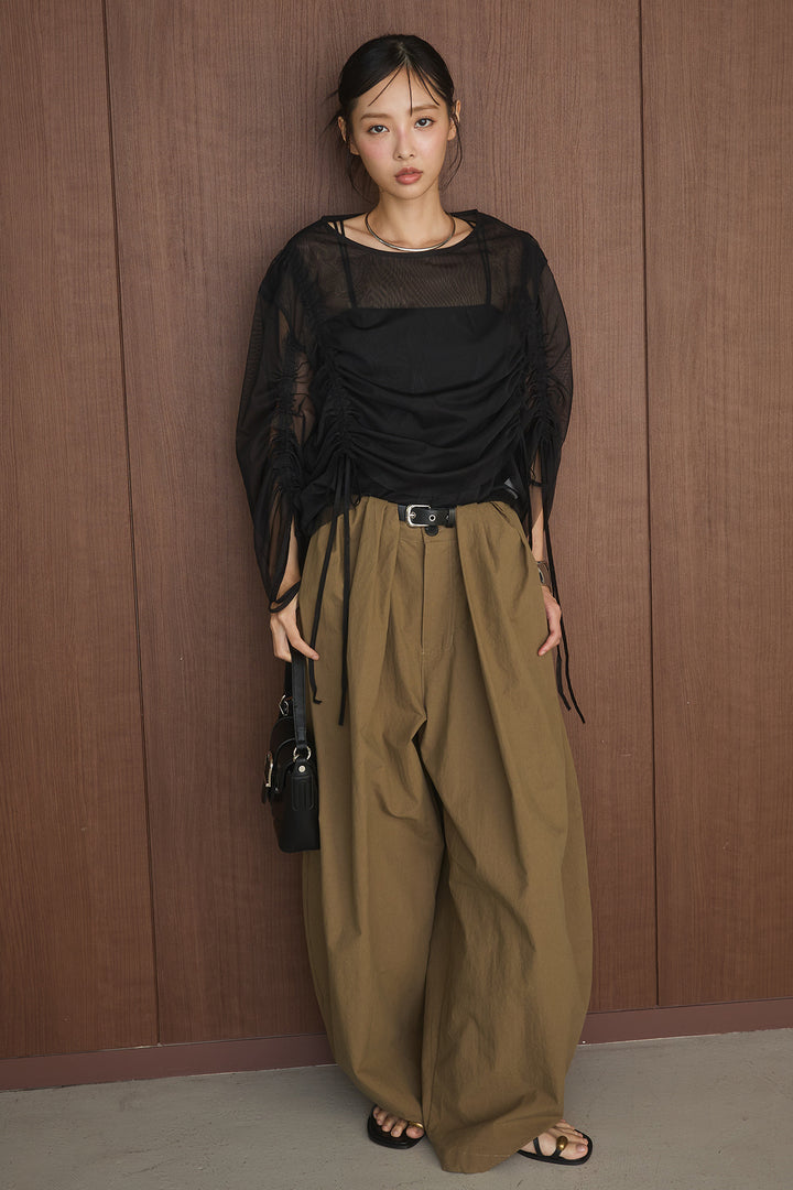 [SET]シアー紐ギャザーブラウス+細ベルトループワイドパンツ(2set)