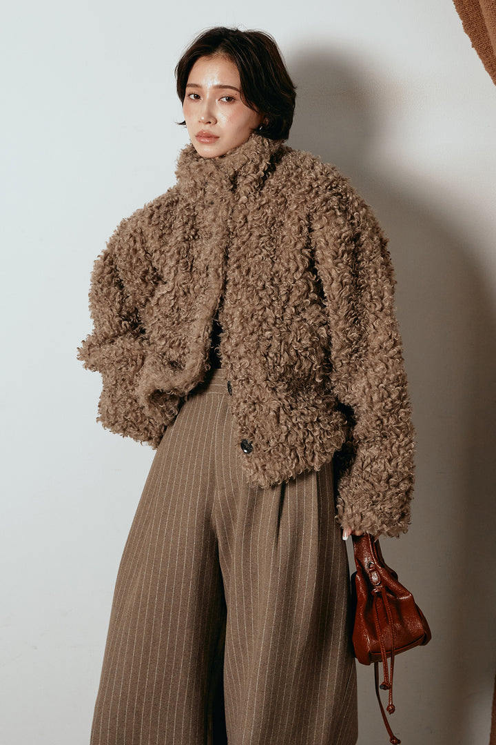 [SET]プードルファーミドルジャケット+ウールライクストライプパンツ(2set)