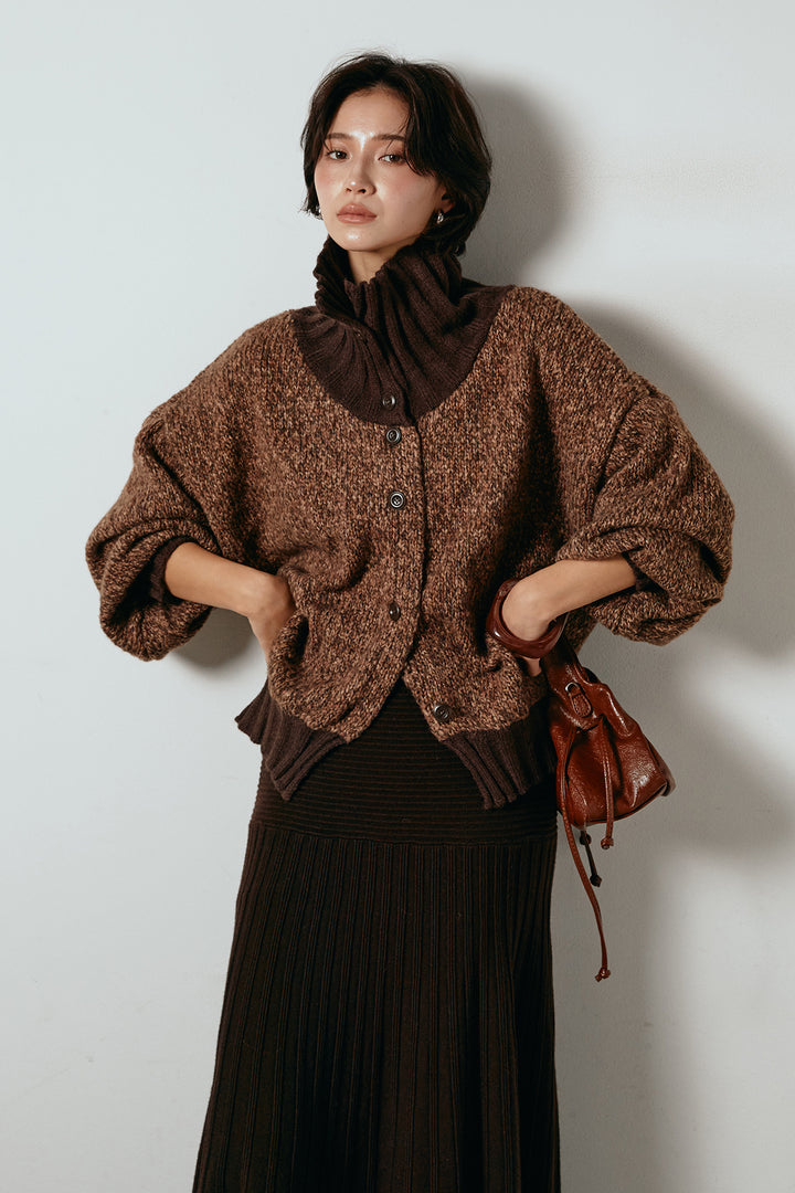 [SET]ハイネックミックスニットカーディガン+編み地切り替えフレアニットスカート(2set)