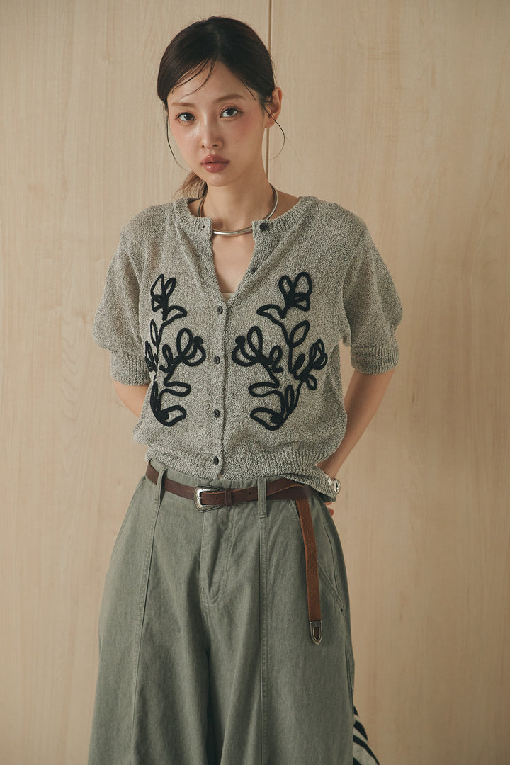 [SET]フロントテープデザイン半袖カーディガン+サイドベルトカーブワイドパンツ(2set)