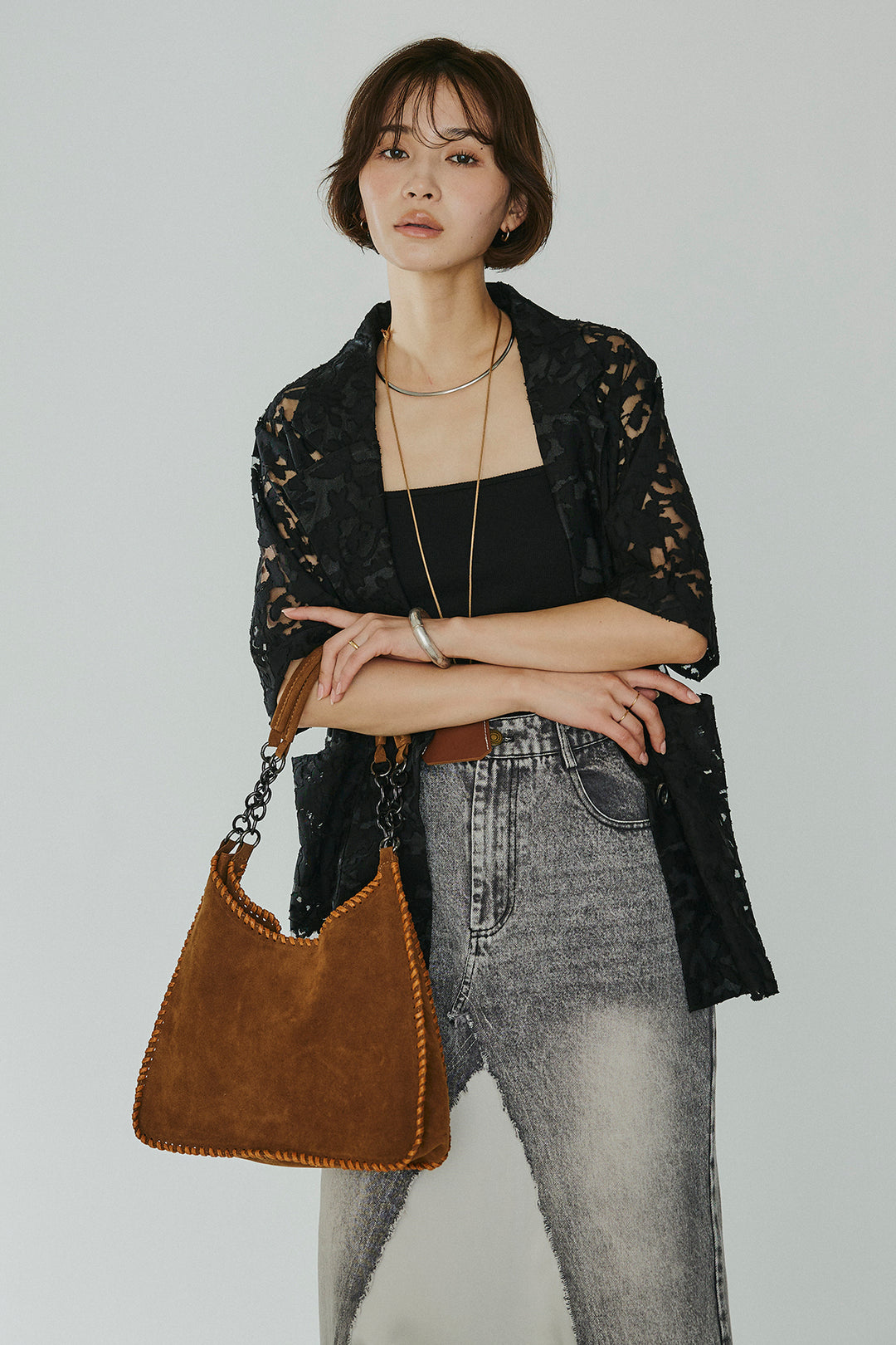 [SET]シアージャガードハーフスリーブテーラードジャケット+サテン切り替えデニムスカート(2set)