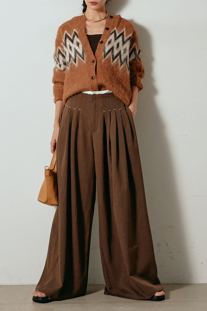 [SET]起毛ノルディック柄ニットカーディガン+ウエストステッチデザインワイドスラックス(2set)