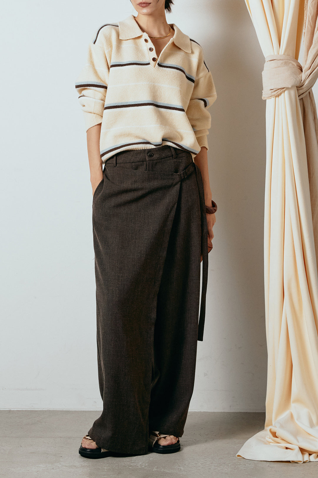 [SET]襟付きマルチボーダーニットポロトップス+ラップ巻きワイドスラックス(2set)