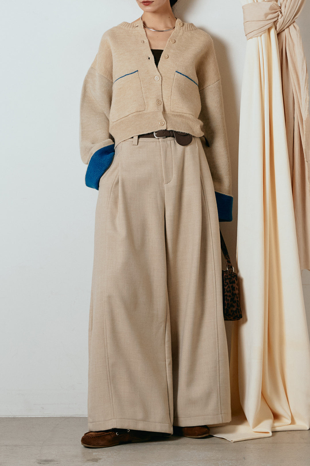 [SET]アルパカタッチダブルフェイスカーディガン+ポーチベルト付きカーブパンツ(2set)