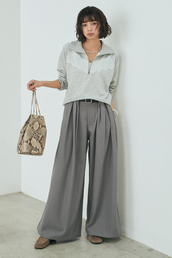 [SET]リバーレースハーフジップ裏毛スウェット+ベルト付きタックデザインハイウエストロングパンツ(2set)