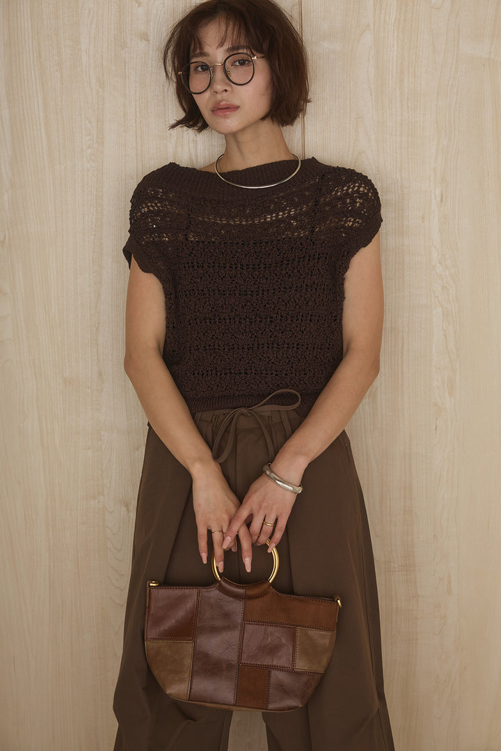 [SET]透かしレース編みフレンチニット+ニーサイドタックウエストドロストパンツ(2set)