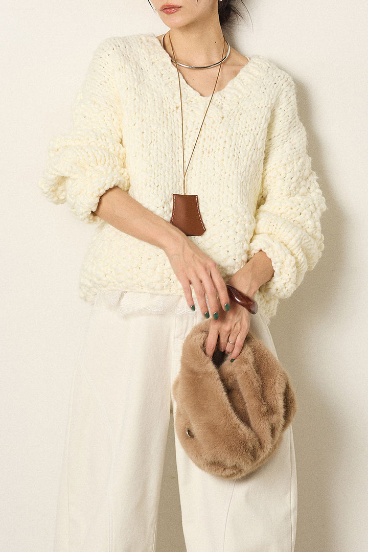 [SET]Vネックハンド編みニットトップス+レース切り替えキャミソール(2set)