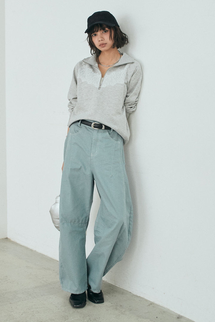 [SET]リバーレースハーフジップ裏毛スウェット+ツイル配色ステッチバレルパンツ(2set)