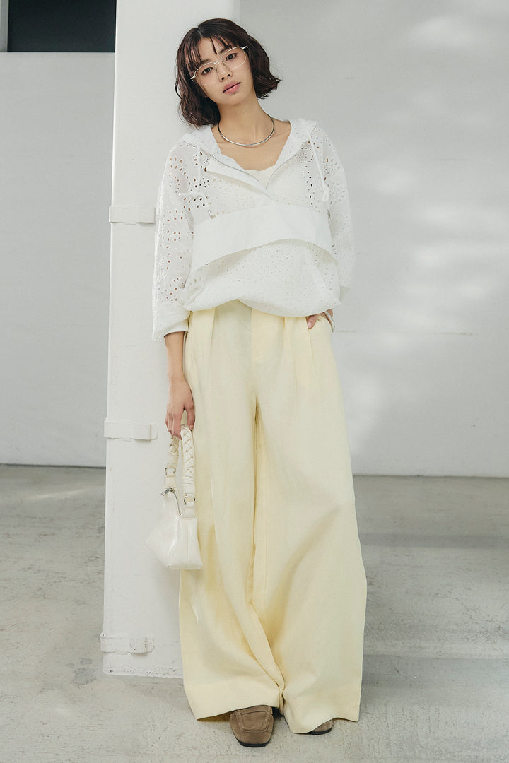 [SET]レースハーフジップアップフーディー+リネン混タックストレートワイドパンツ(2set)