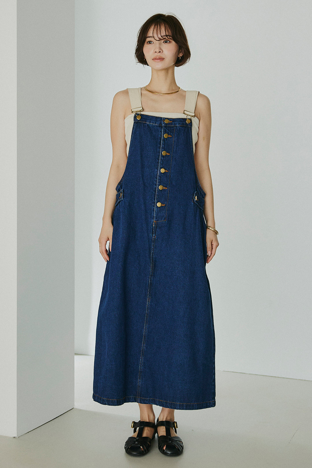 [SET]シアージャガードハーフスリーブテーラードジャケット+配色ショルダーデニムサロペットスカート(2set)