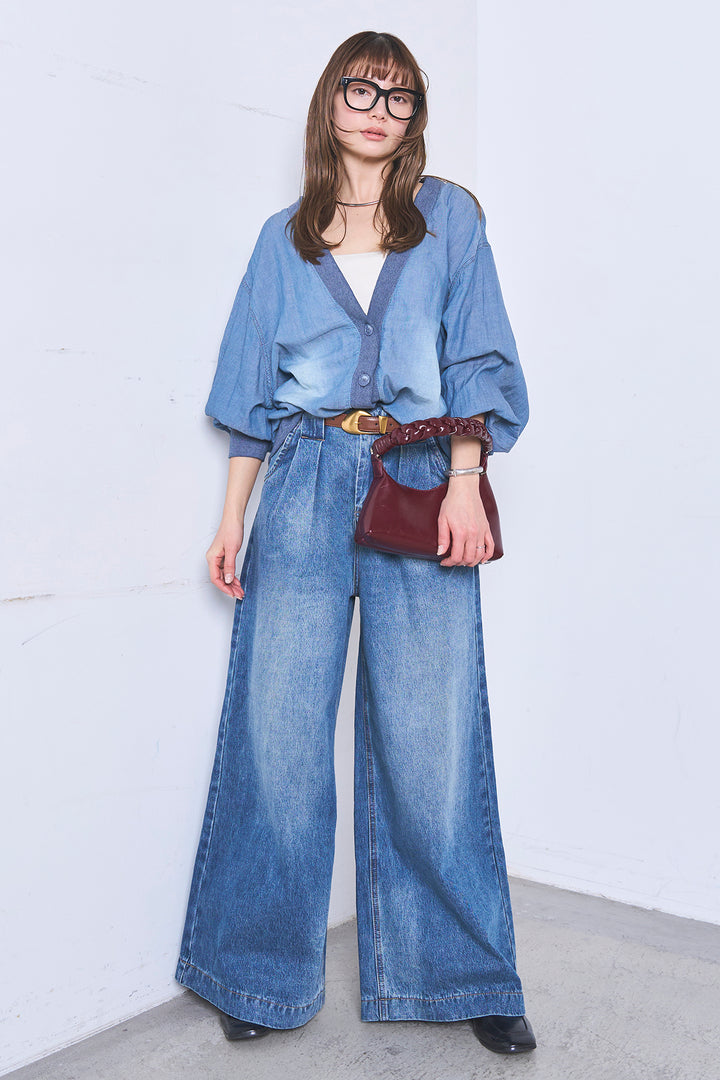 [SET]シアーデニムカーディガン+ベルトループワイドタックデニムパンツ(2set)