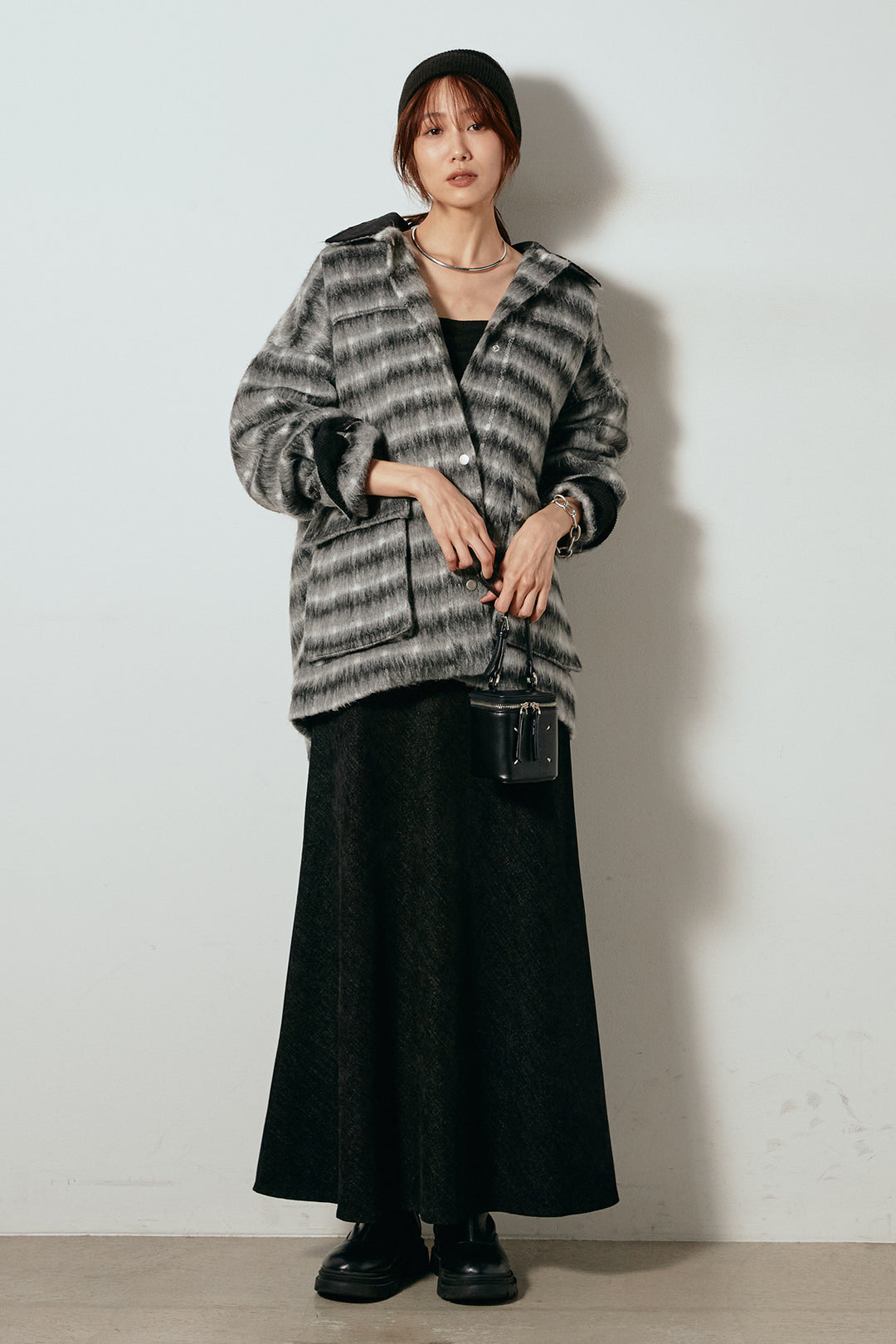 [SET]チェックシャギーミドルカバーオール+スウェードライクロングスカート(2set)