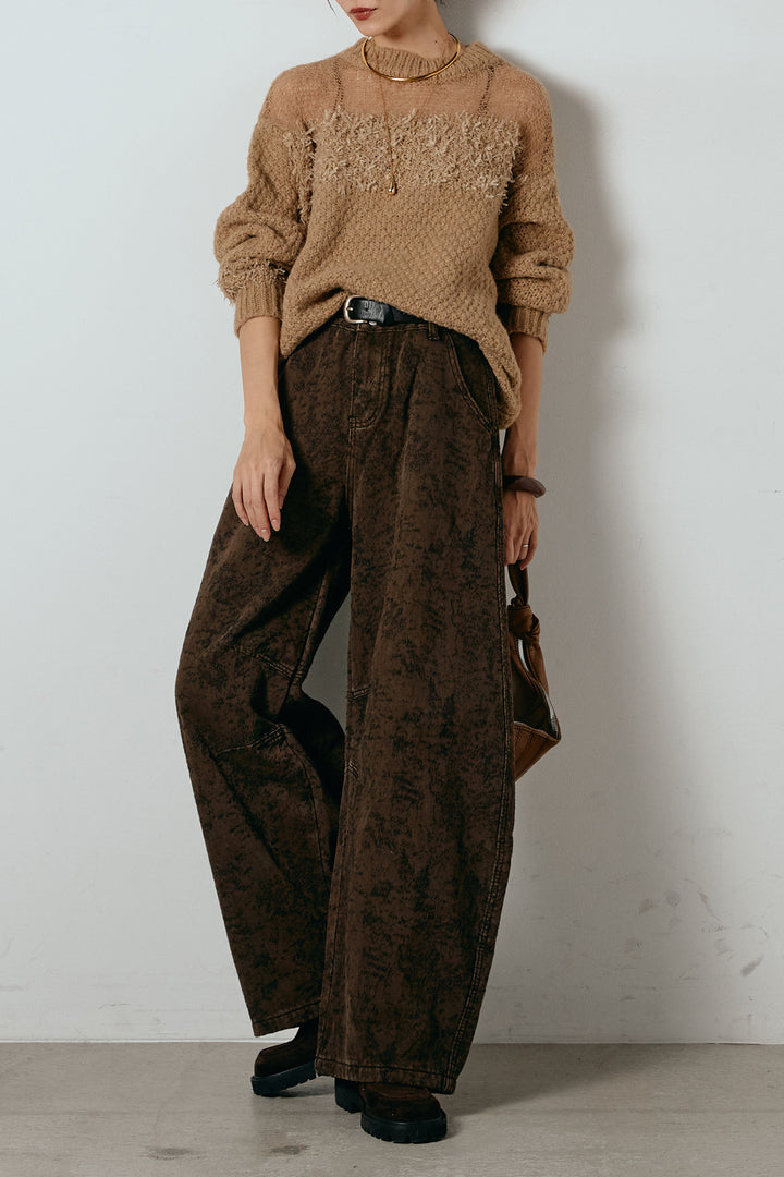 [SET]パターンランダム編みニットトップス+ベルト付きニュアンス柄カーブワイドパンツ(2set)
