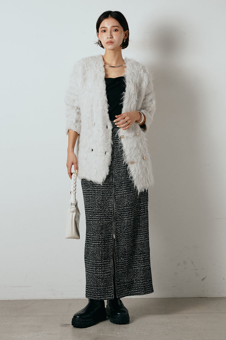[SET]ウェーブシャギーニットジャケット+グレンチェック柄フロントジップタイトスカート(2set)
