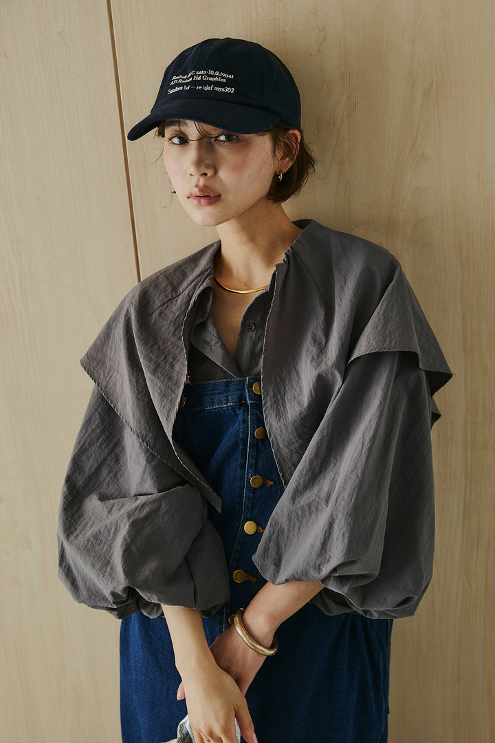 [SET]ケープカラーナイロンブラウス+配色ショルダーデニムサロペットスカート(2set)