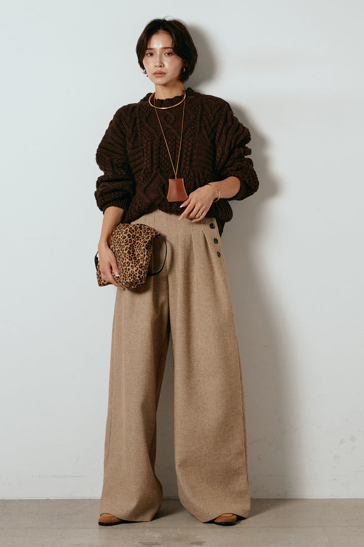 [SET]アラン柄ミックスケーブルニット+サイドボタンツイードタックパンツ(2set)