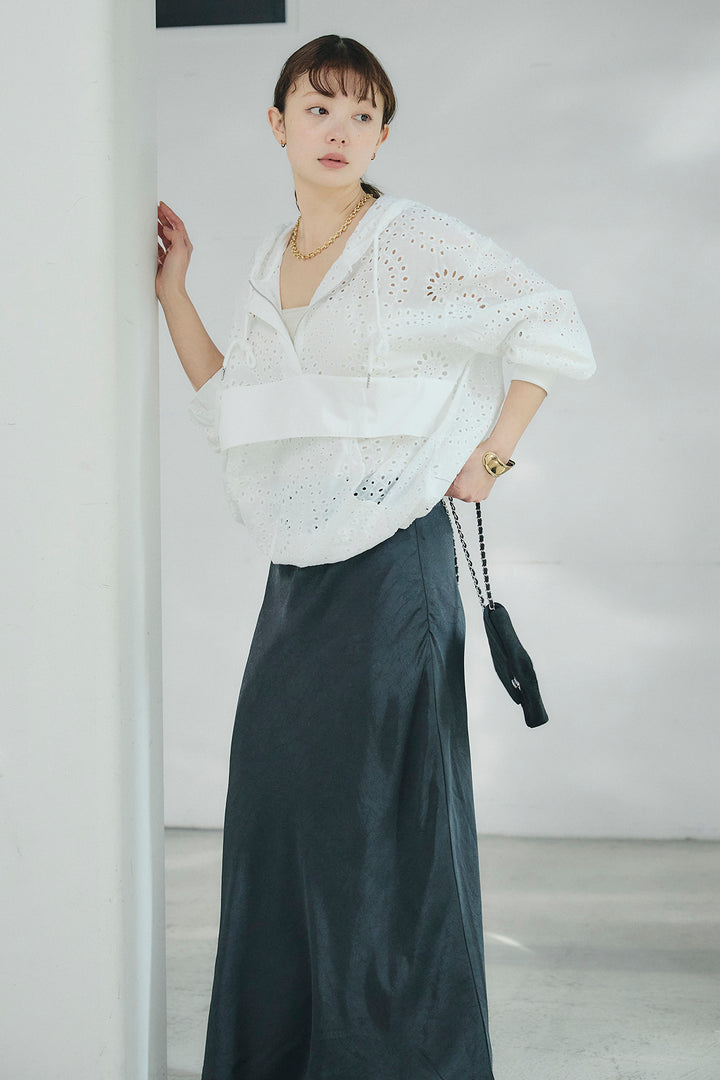 [SET]レースハーフジップアップフーディー+バイアスナローサテンスカート(2set)