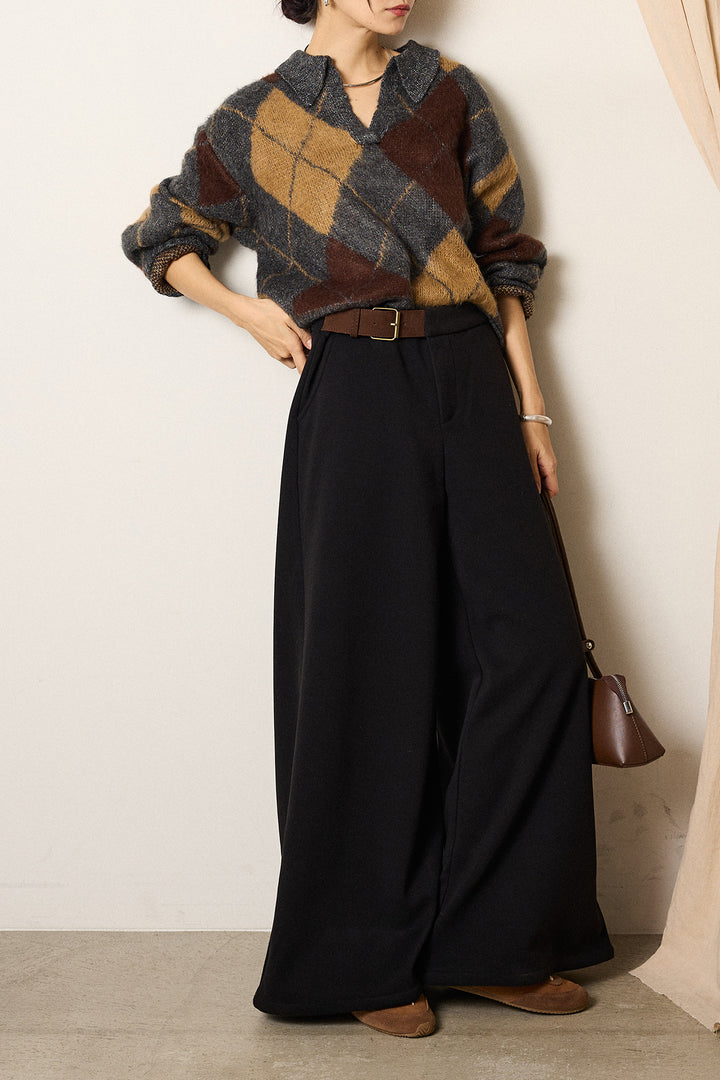[SET]アクリルモヘアアーガイルキーネックプルオーバー+サイドベルトパンツ(2set)