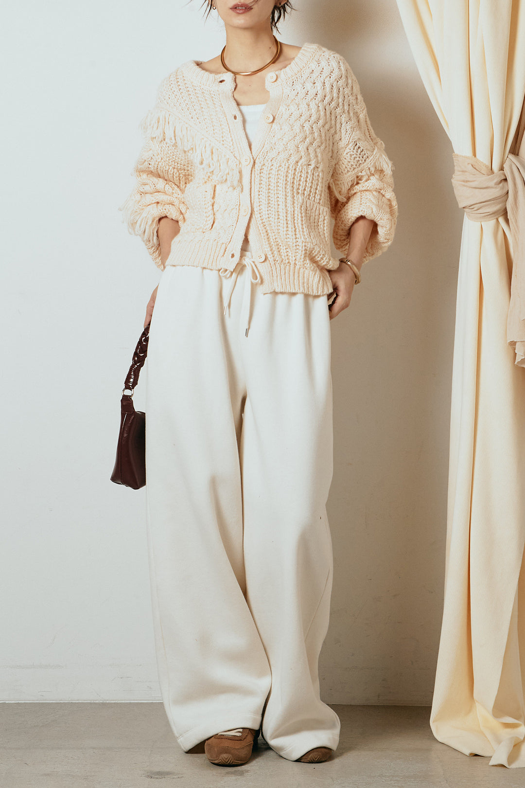 [SET]ランダムフリンジニットカーディガン+裏起毛スウェットワイドパンツ(2set)