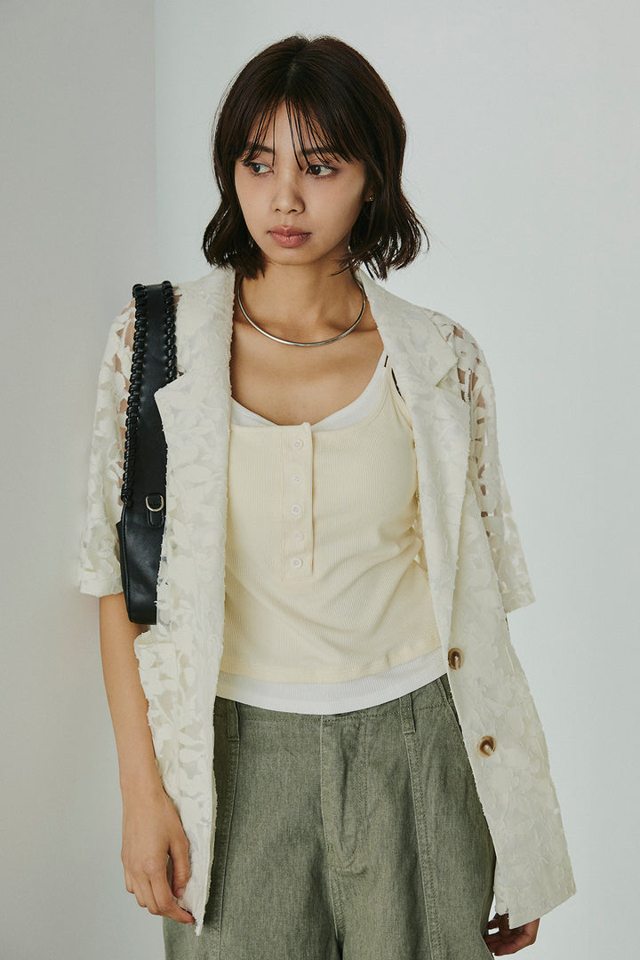 [SET]シアージャガードハーフスリーブテーラードジャケット+サイドベルトカーブワイドパンツ+配色ヘンリーネックタンクトップ(3set)