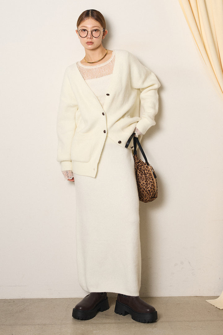 [SET]丸ボタン起毛ニットカーディガン+起毛ニットロングスカート(2set)