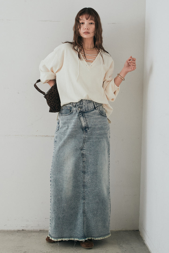 [SET]レースアップワッフルボーダートップス+ウエストクロスデニムタイトスカート(2set)