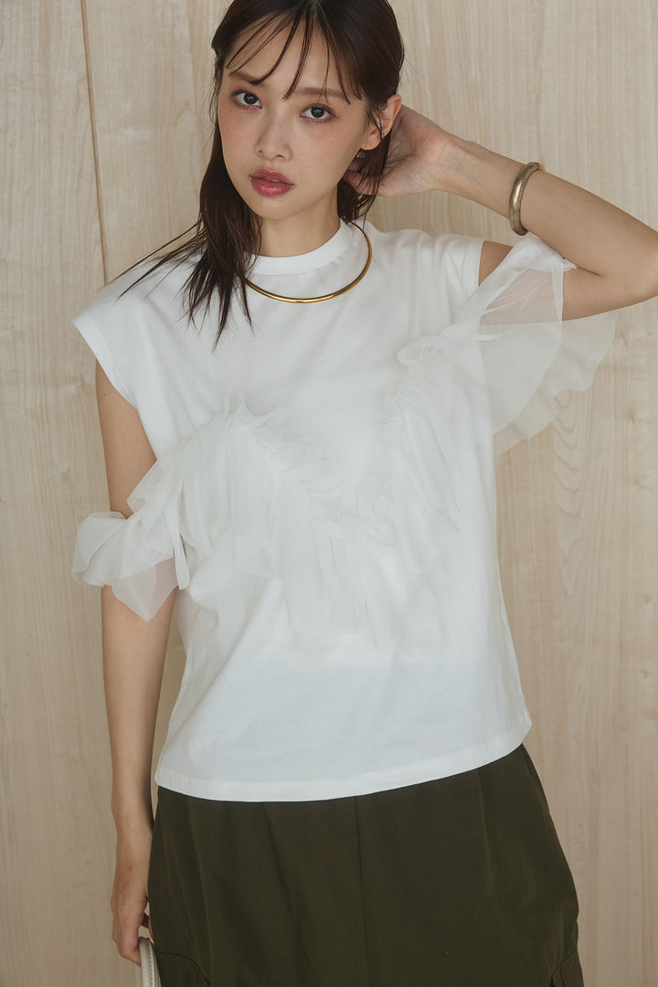 [SET]チュールフリルフレンチTシャツ+ルーズカーゴワイドパンツ(2set)