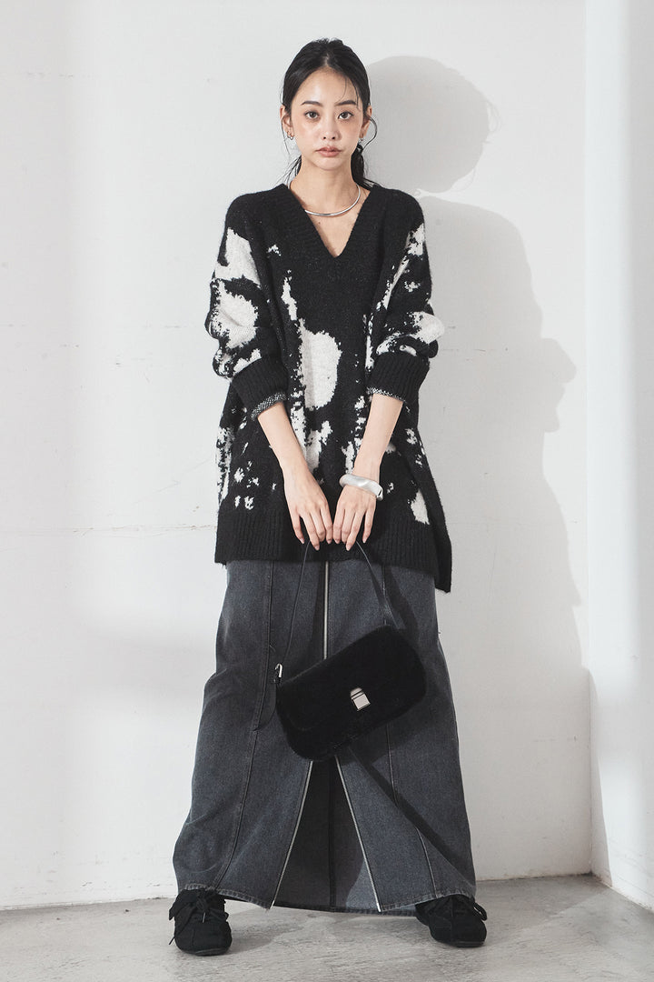 [SET]アブストラクト柄ニットプルオーバー+フロントジップデニムスカート(2set)