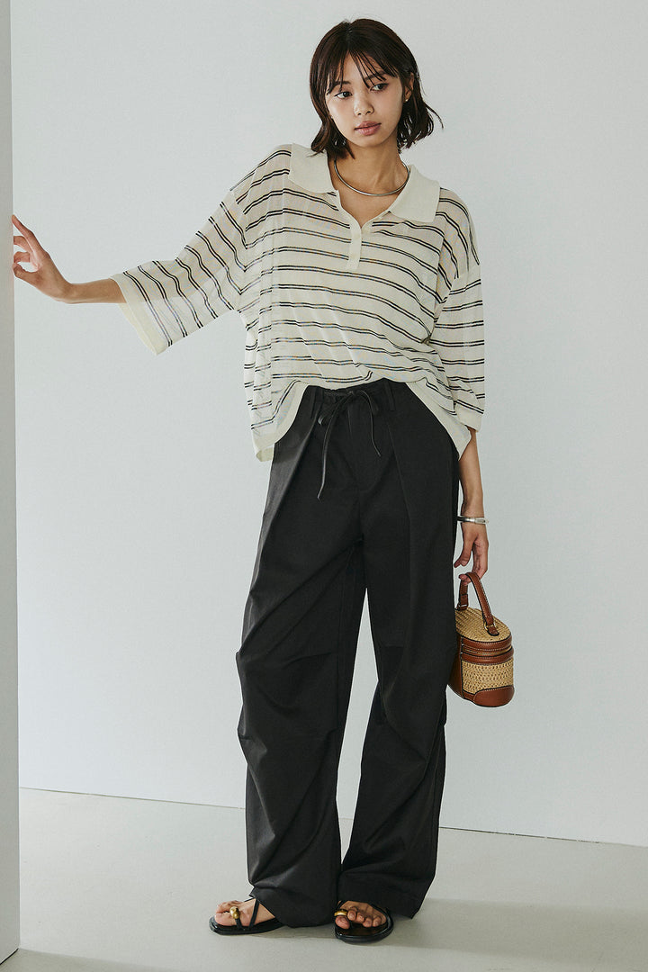 [SET]ボーダーニットポロシャツ+ニーサイドタックウエストドロスパンツ(2set)