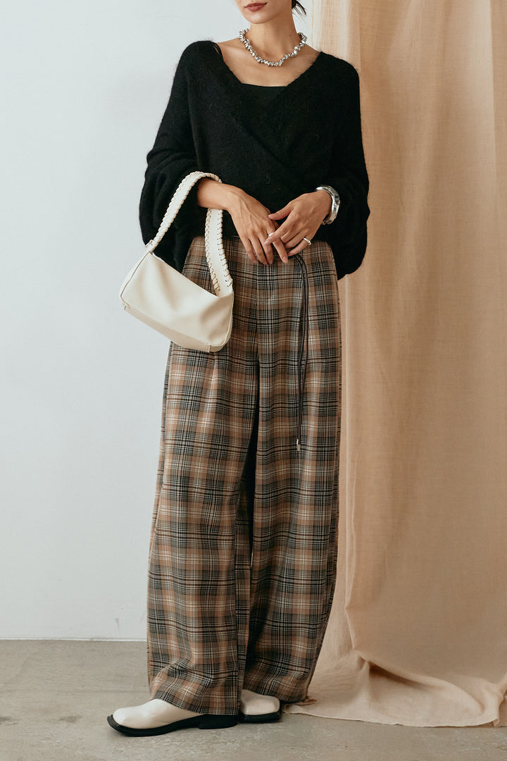 [SET]カシュクールデザインニット+編みベルト付きタータンチェックワイドパンツ(2set)