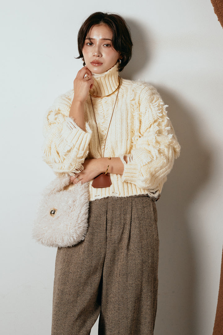 [SET]フリンジタートルショートニット+クラシックヘリンボーンサロペット(2set)