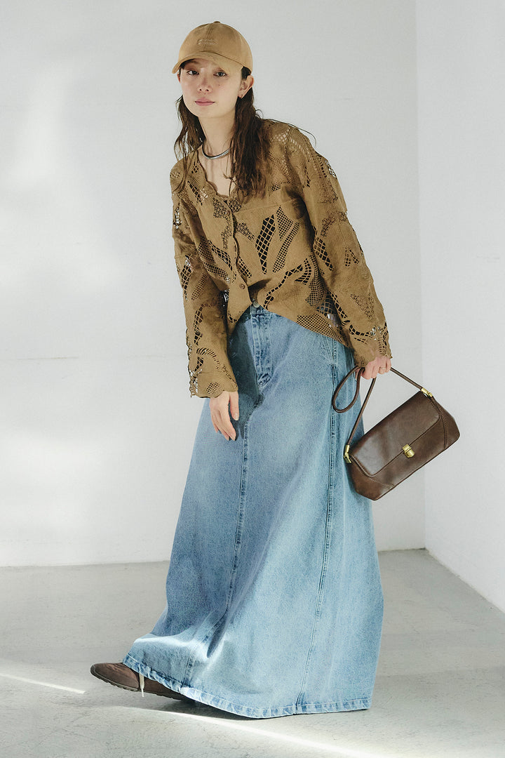 [SET]フラワー刺繍レースブラウス+デニムロングフレアスカート(2set)