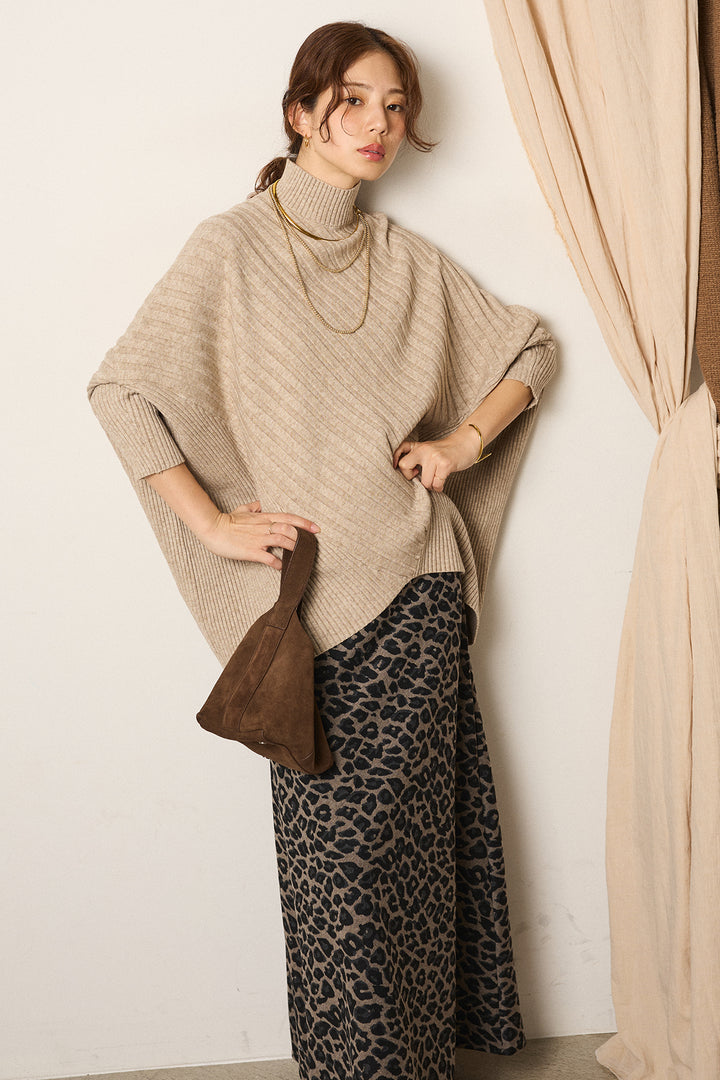[SET]アシメデザインリブポンチョニットトップス+レオパードロングスカート(2set)