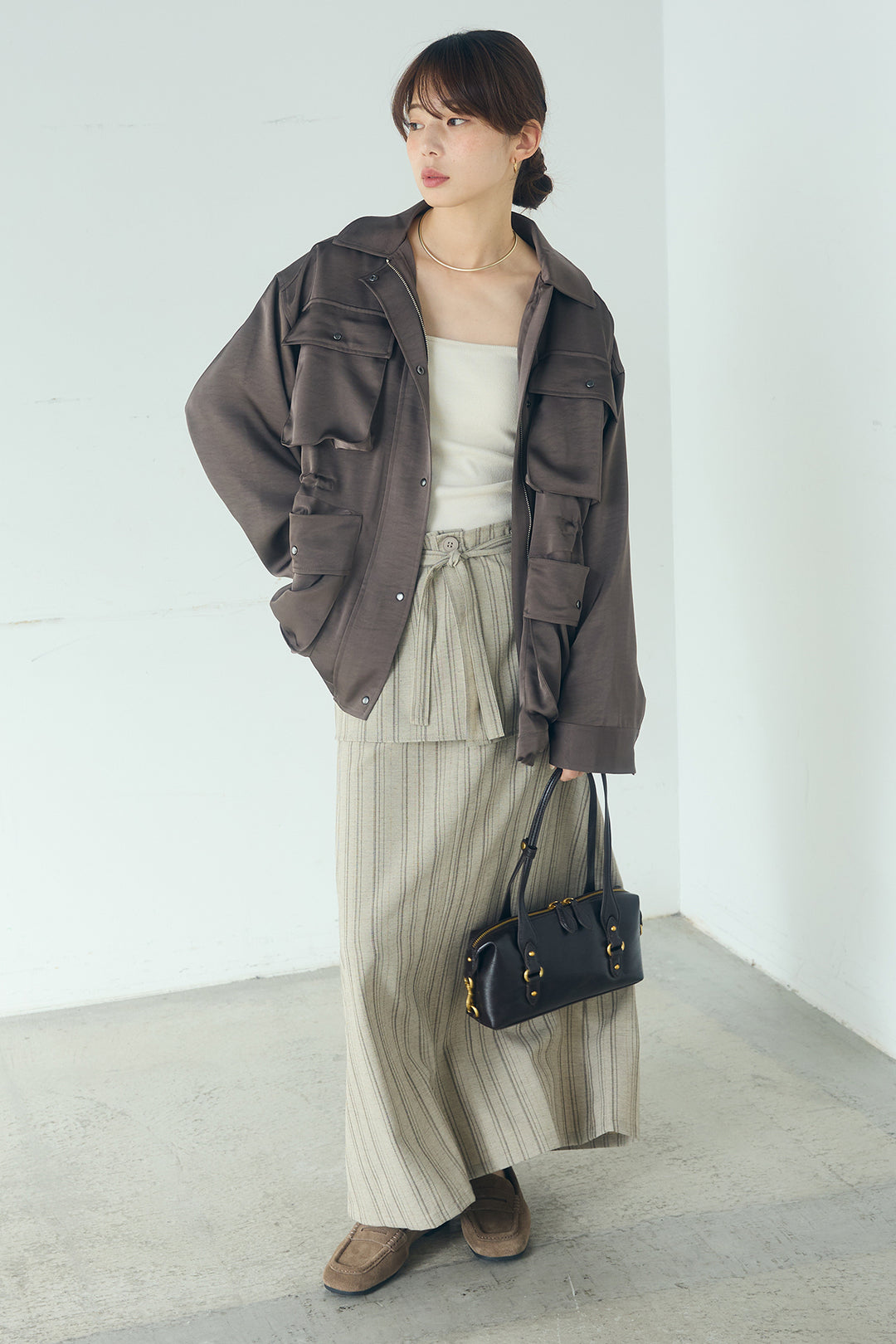 [SET]サテンライトブルゾン+ラップ巻きピンストライプワイドスカート(2set)