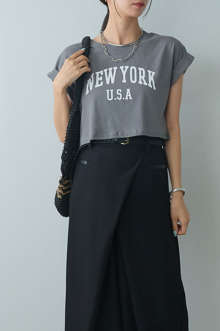 [SET]ショート丈NEWYORKロゴTシャツ+ベルト付きクロスデザインパンツ(2set)