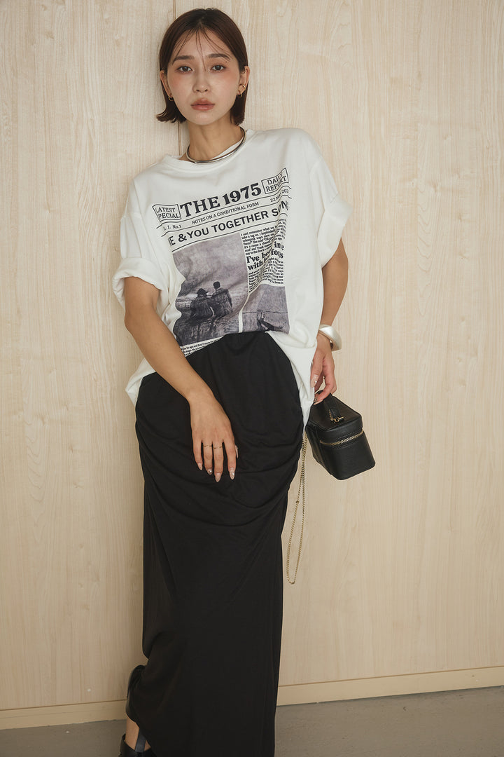 [SET]1975グラフィックTシャツ+ギャザードレープニュアンススカート(2set)