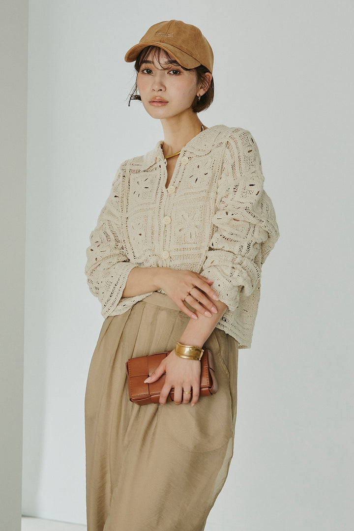 [SET]鍵編みフラワーレースカーディガン+オーガンジータックパンツ(2set)