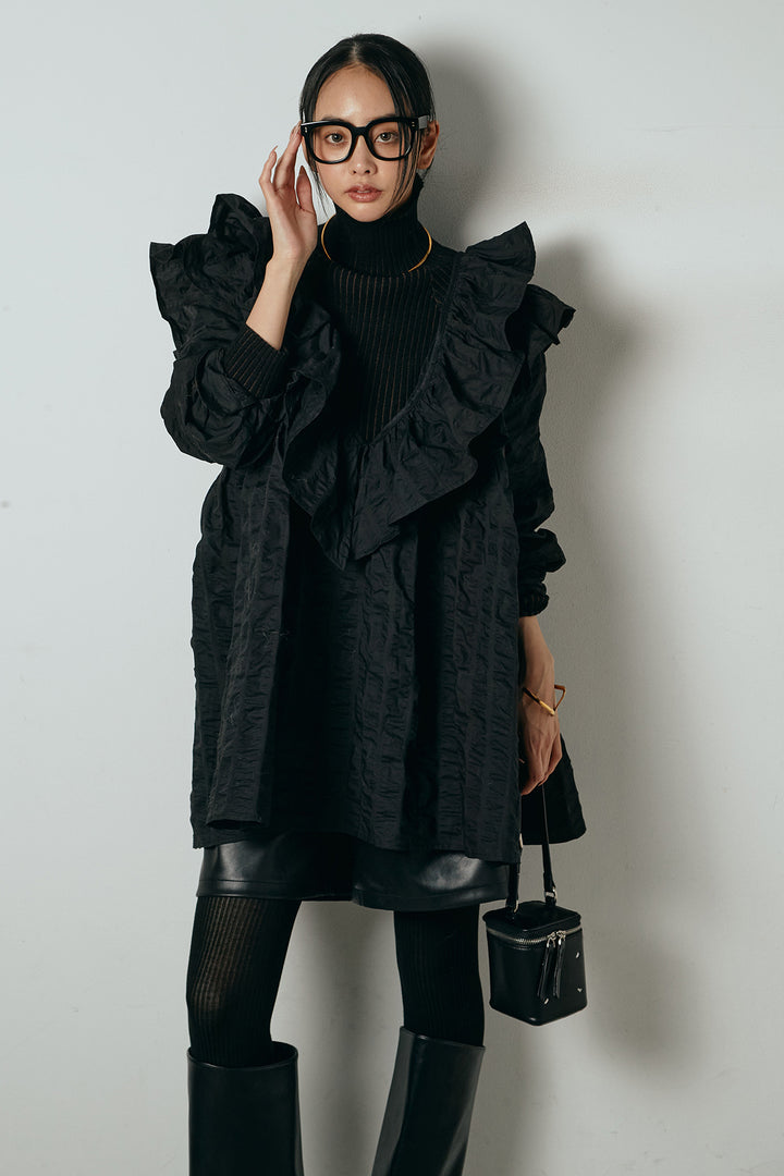 [SET]Vネックフリルカラーブラウス+リブニットシームレスタートルプルオーバー+ストレッチエコレザーバミューダパンツ(3set)