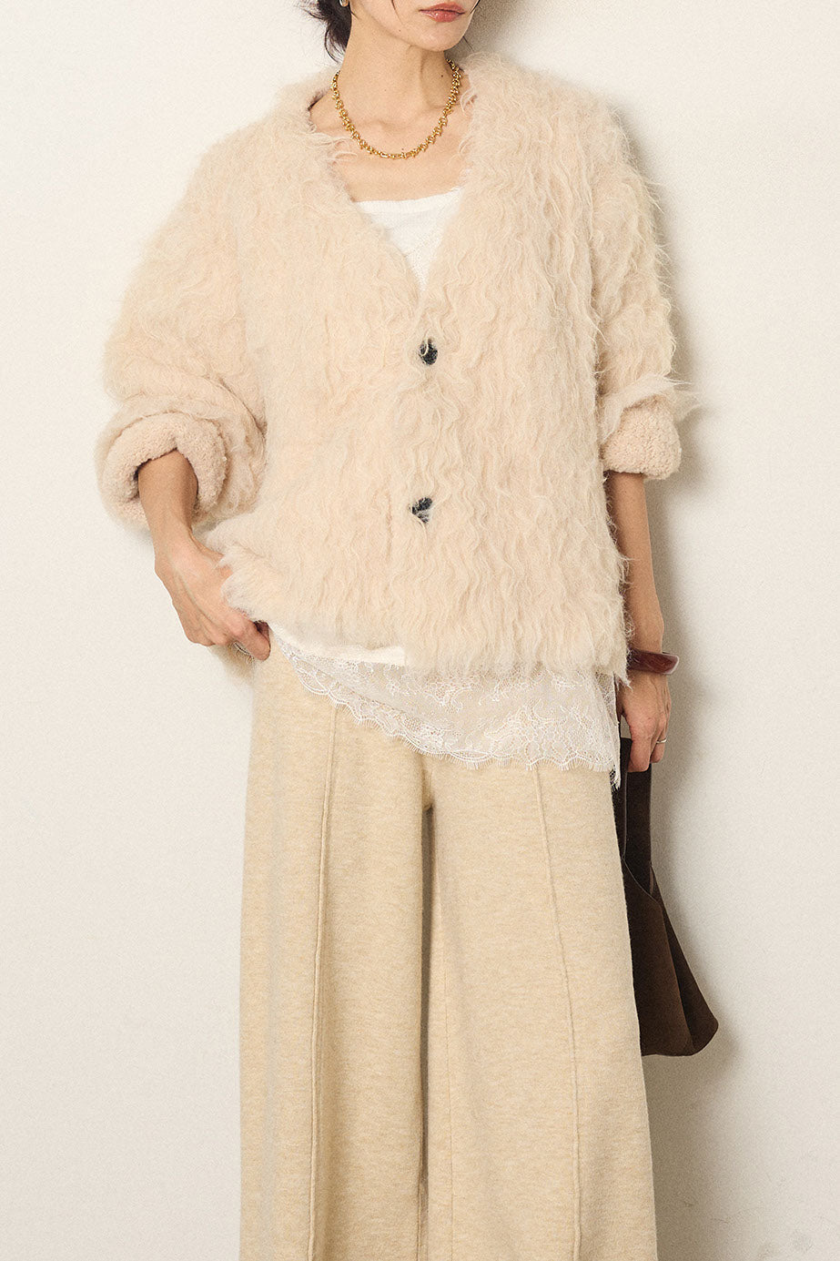 [SET]起毛シャギーニットカーディガン+レース切り替えキャミソール(2set)