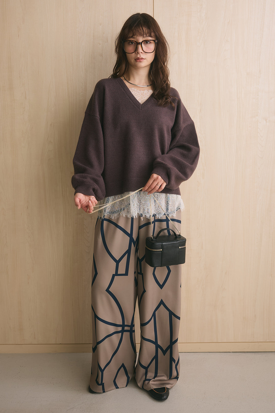 [SET]アルパカタッチ×レースVネックプルオーバー+柄プリントワイドパンツ(2set)